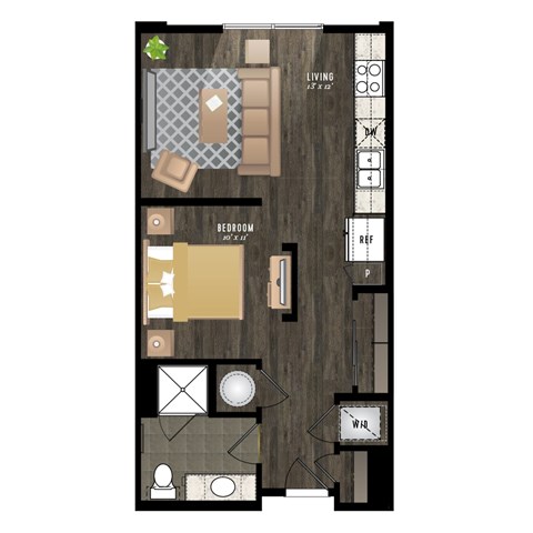 A floor plan of a living room, bedroom, and bathroom.